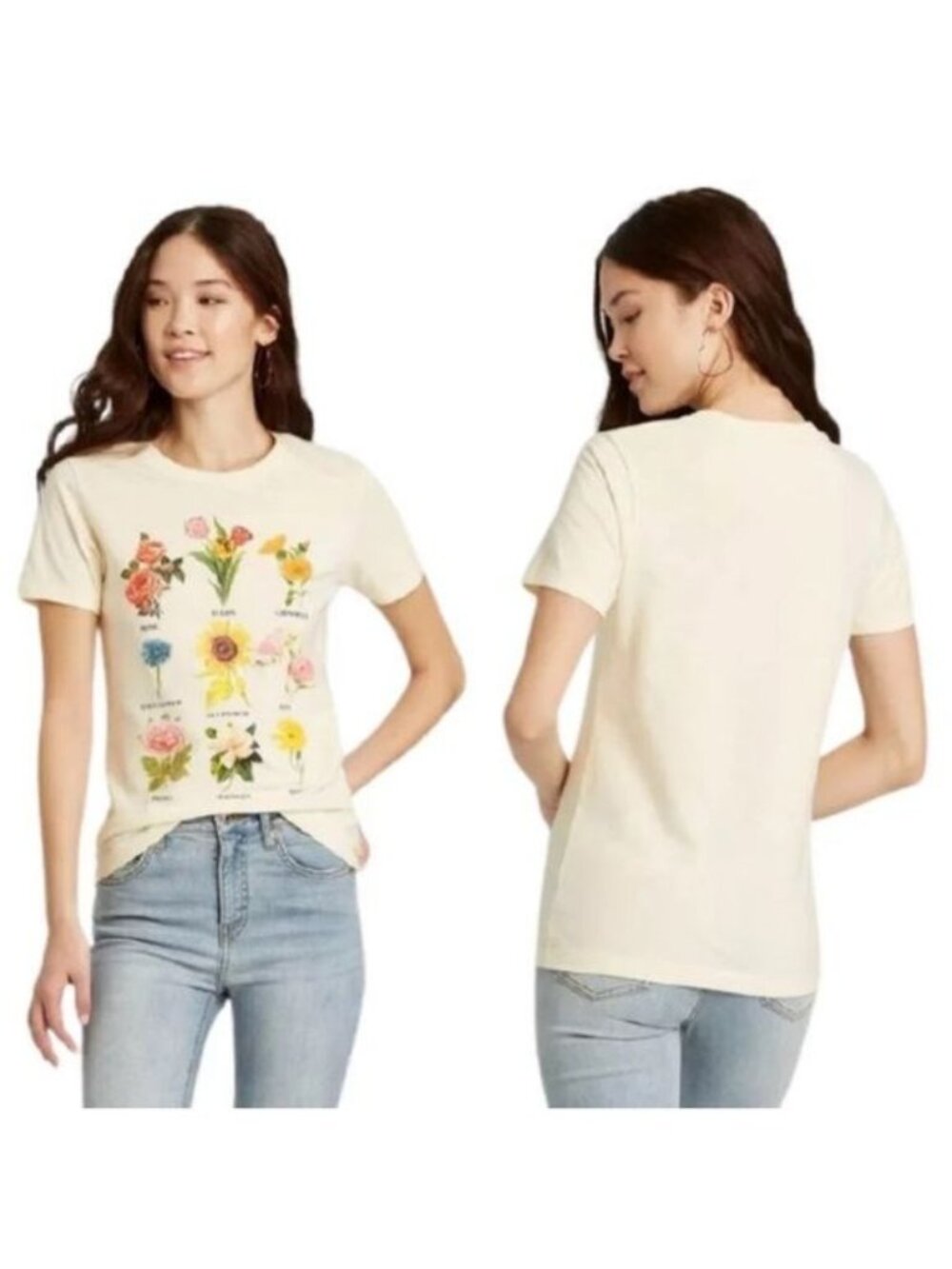 Fifth Sun Floral Chart Graphic Tee Womens XXL 100% Cotton Cream Short Sleeve Cas